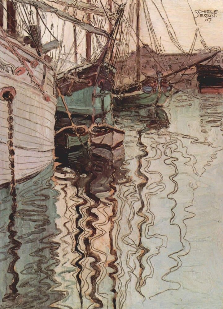 Egon Schiele Sailing ships in the waves exciting water the harbour of Trieste